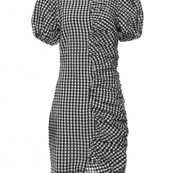 Ganni Seersucker Monochrome Puff Sleeve Dress - Picture 2 of 6